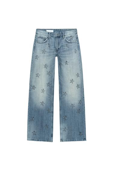 Zara TRF WIDE LEG RHINESTONE LOW RISE JEANS - Blue