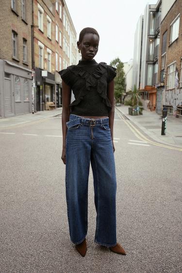 Zara POINTELLE KNIT RUFFLED TOP - Black - Image 0