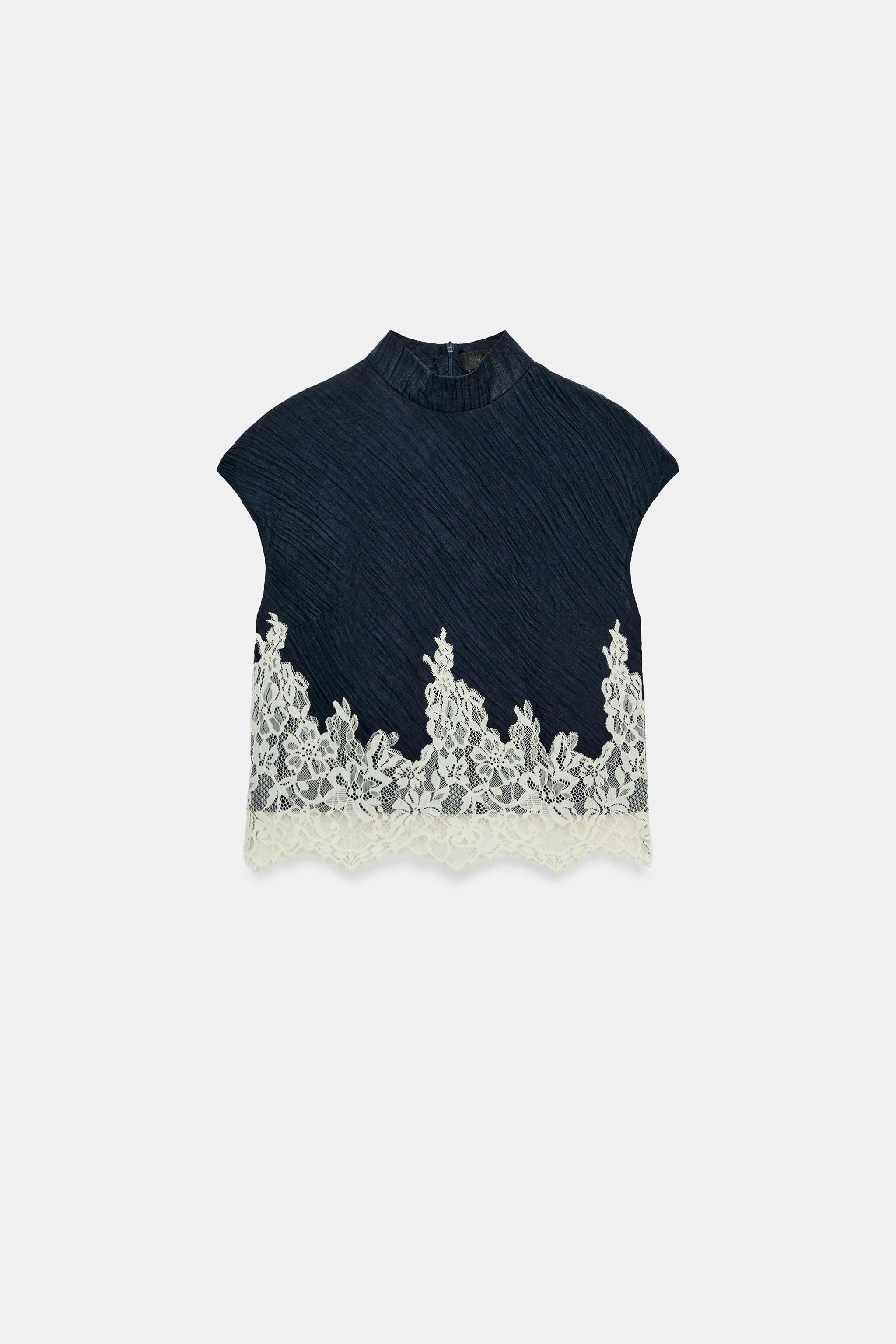 Женские рубашки Zara COMBINED LACE CROPPED TOP — фото 5