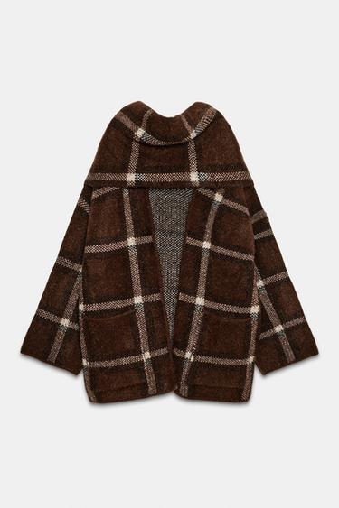 SHORT CHECK KNIT COAT WITH SCARF DETAIL - Brown by Zara