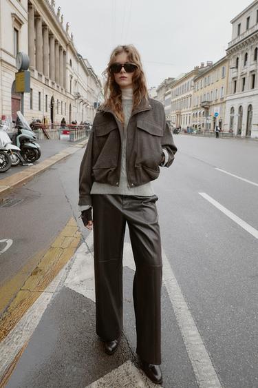 Zara HERRINGBONE BALLOON BOMBER JACKET - Brown - Image 0