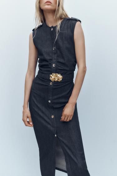 VESTIDO Z1975 MIDI DENIM DRAPEADO COM CINTO - Índigo da Zara