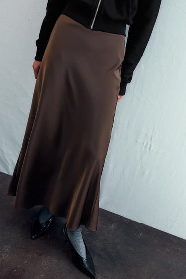 SATIN MIDI SKIRT - Chocolate by Zara - Image 1