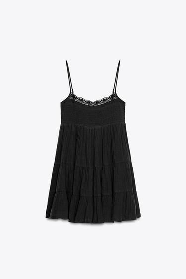 KURZES KLEID AUS GASE MIT SPITZE - Schwarz von Zara