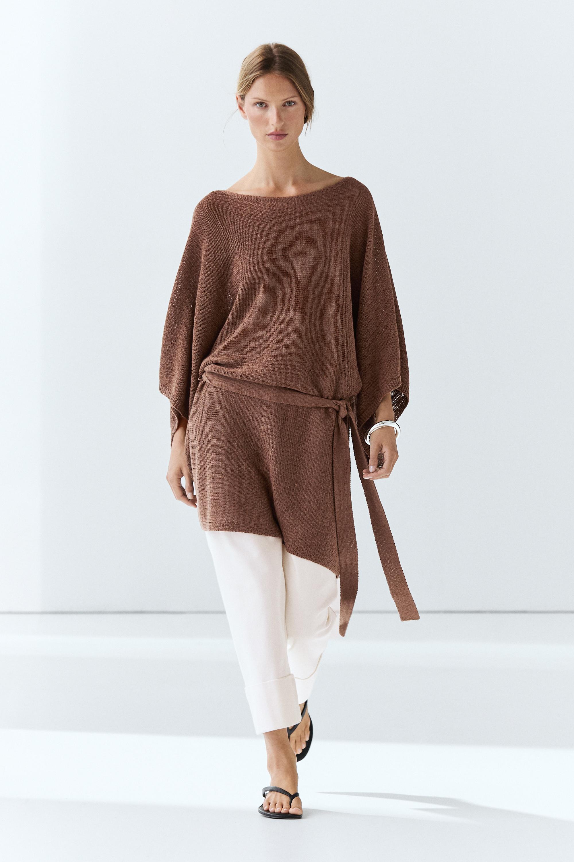 Cotton blend knit sweater with belt