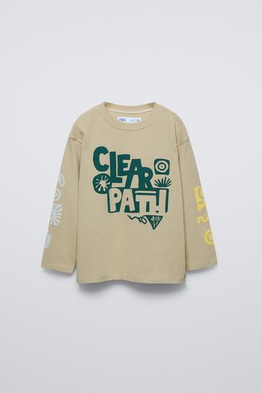 Zara Round neck T-shirt with long sleeves. Front print. - Sand