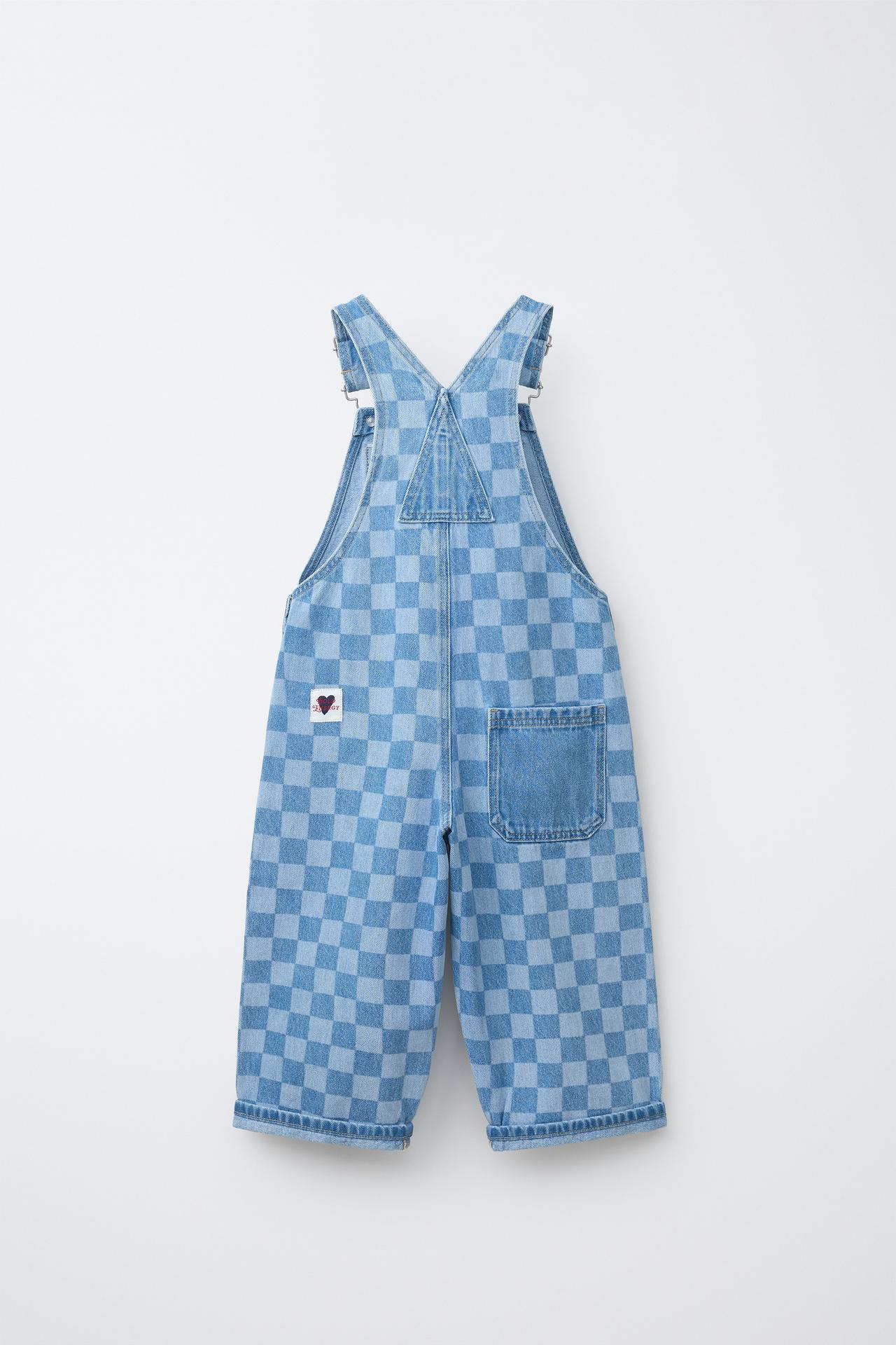 CHECKERBOARD DENIM OVERALLS — Mid-blue