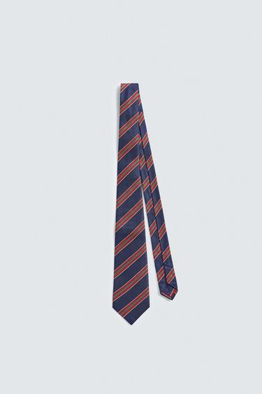 Zara 100% SILK STRIPED TIE - Red / Navy