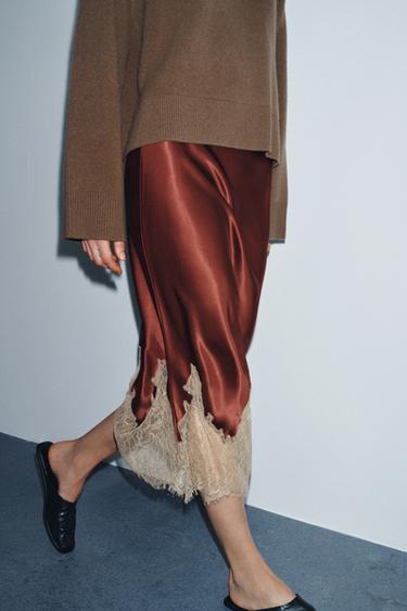 ZW COLLECTION CONTRAST LACE SATIN SKIRT - Burgundy by Zara