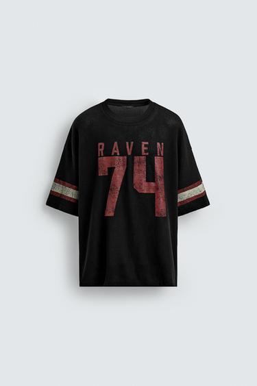 Zara VARSITY OPEN WEAVE T-SHIRT - Black