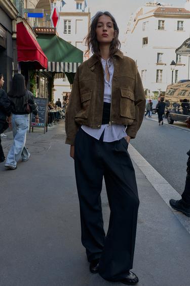 100% LEATHER BOMBER JACKET - Khaki by Zara - Image 2