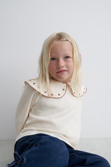 EMBROIDERED PETER PAN COLLAR T-SHIRT - Ecru by Zara