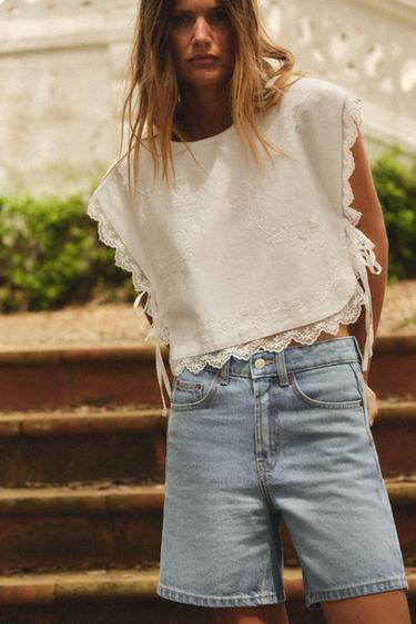 EMBROIDERED TIE TOP - Oyster-white by Zara