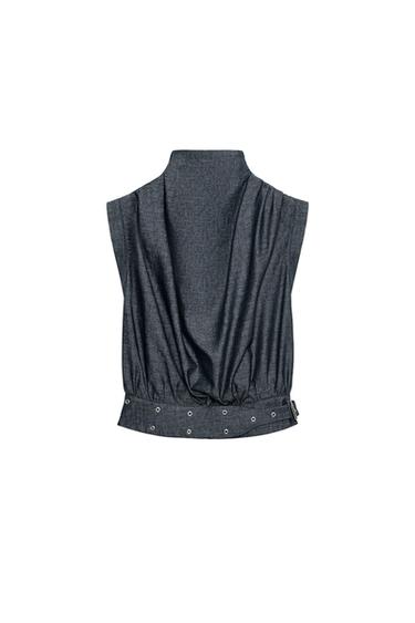 LINEN BLEND BUCKLE STUD TOP - Indigo by Zara