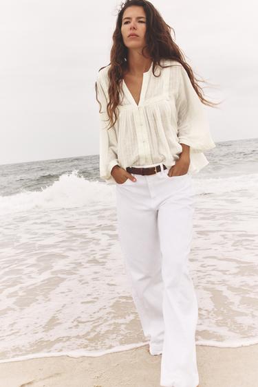 Zara EMBROIDERED WIDE SLEEVE BLOUSE - Oyster-white - Image 0