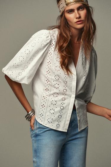 SHIRT WITH CUTWORK EMBROIDERY AND PUFF SLEEVES - White by Zara