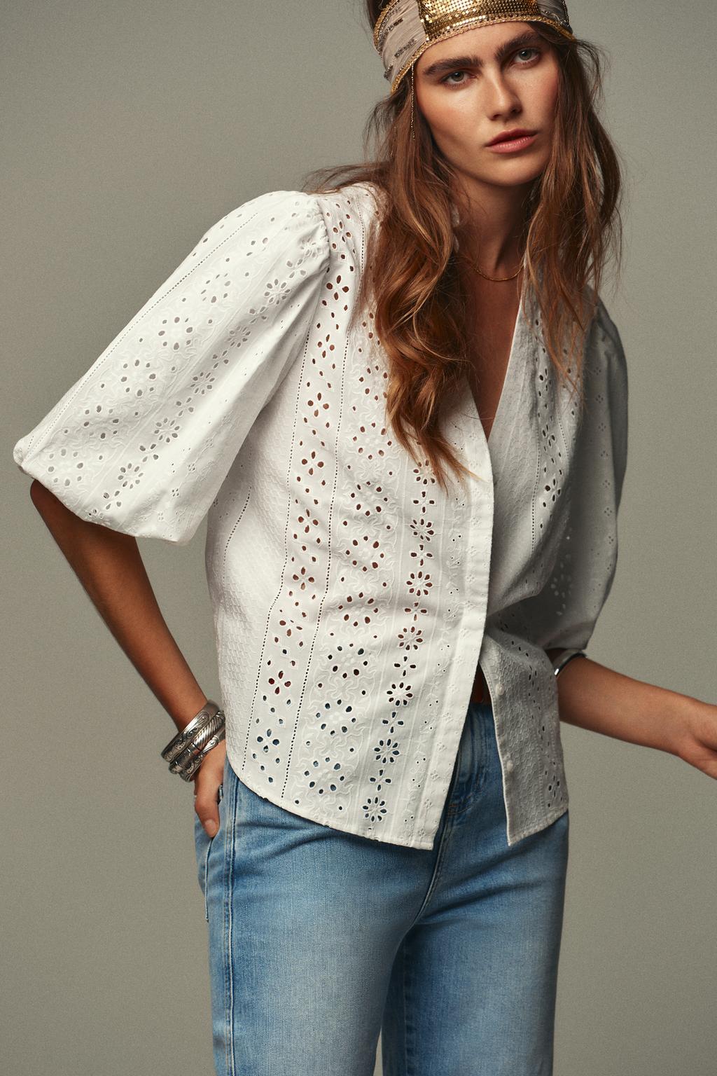 PUFF SLEEVE SHIRT WITH PERFORATED EMBROIDERY