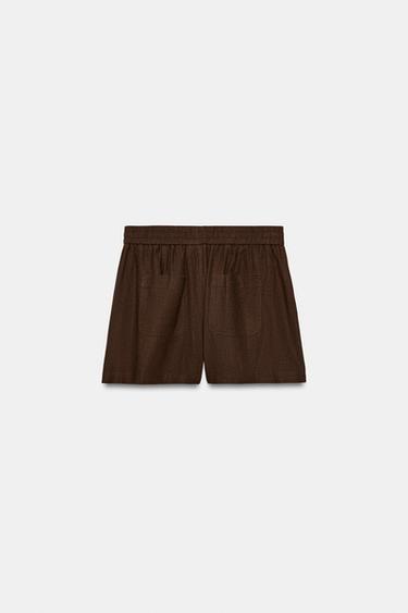 SHORT EN LIN À TAILLE ÉLASTIQUE - Marron de Zara - Image 4