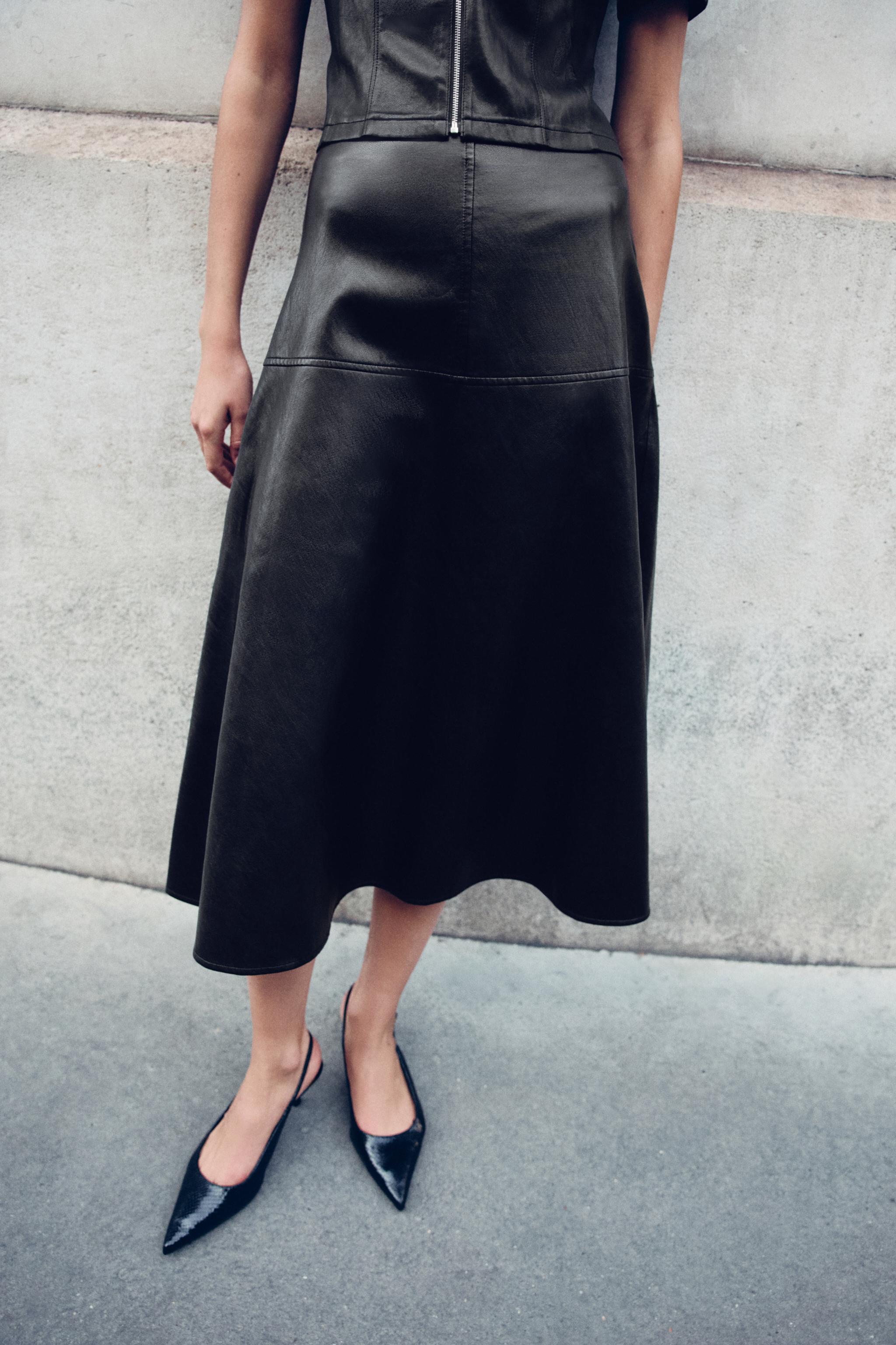FAUX LEATHER A-LINE MIDI SKIRT