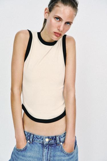 Zara CONTRAST TRIM T-SHIRT - Oyster-white