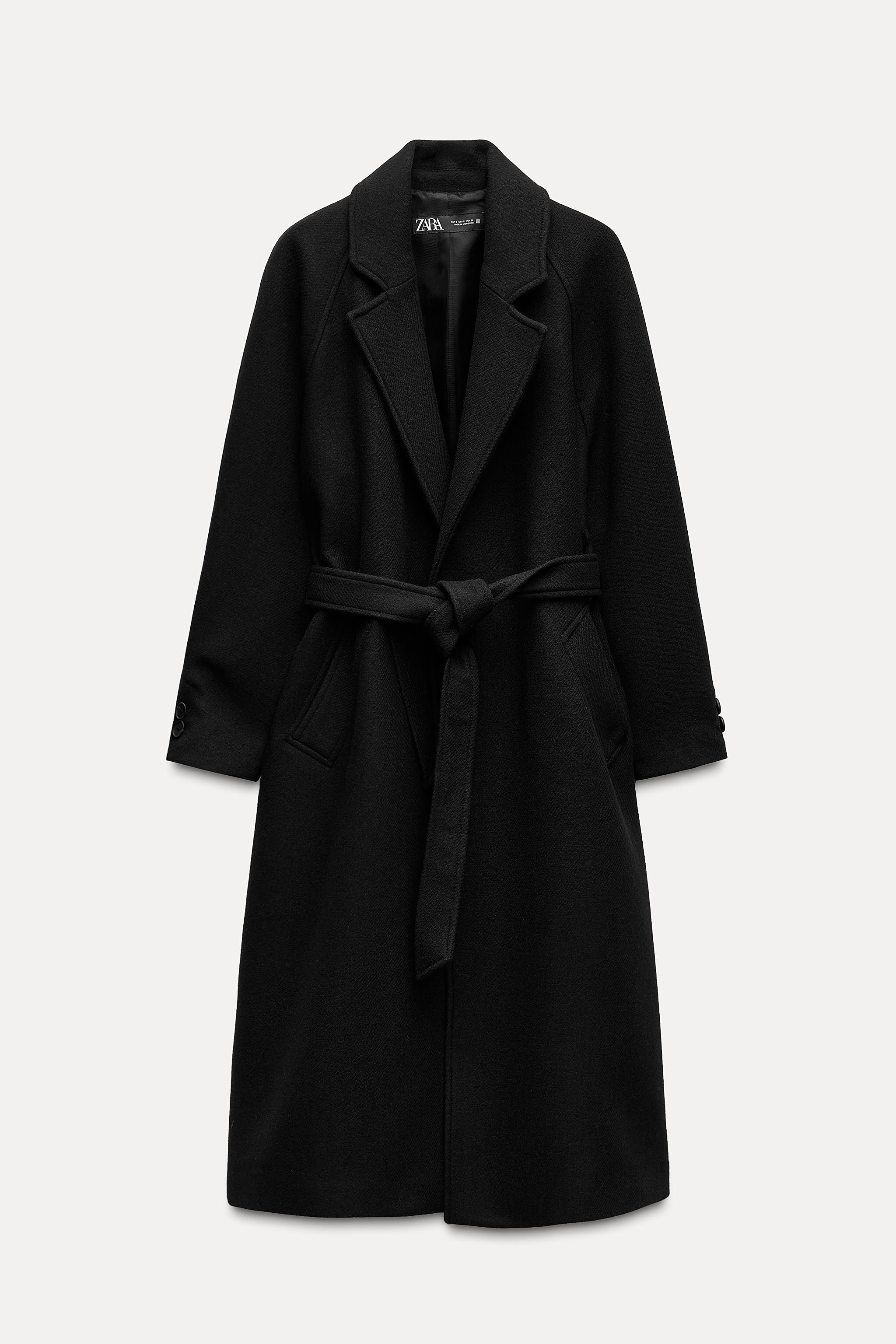 MANTEAU LONG AVEC CEINTURE ET LAINE Noir ZARA France