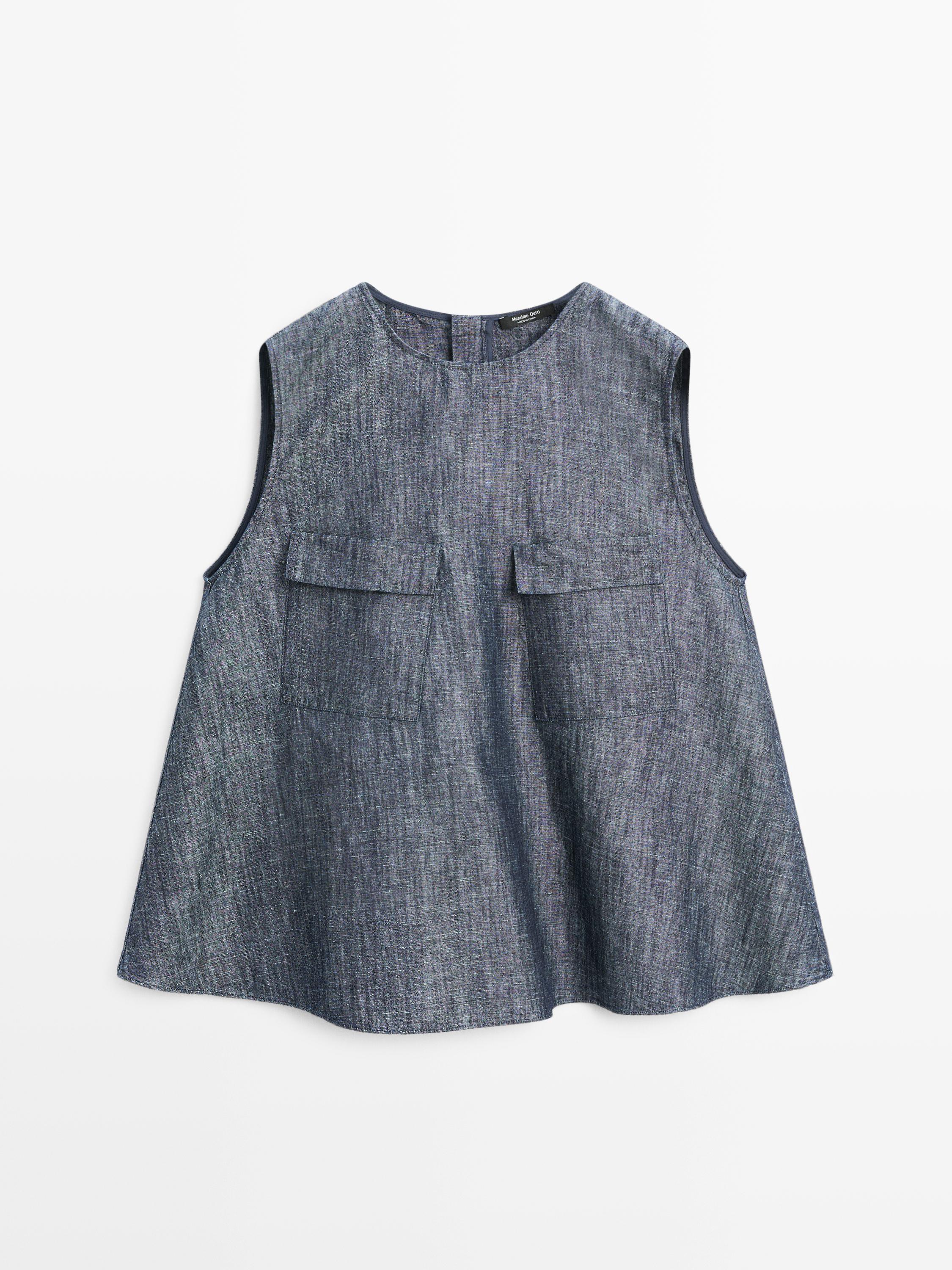 Cotton and linen denim blouse with pockets