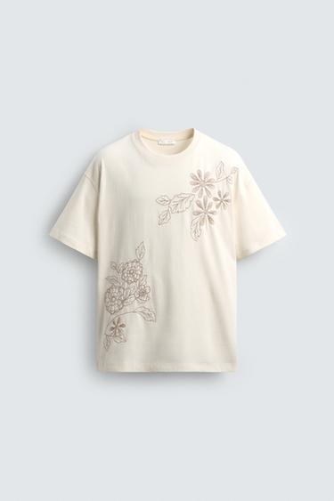 FLORAL EMBROIDERY T-SHIRT - Ecru by Zara - Image 0