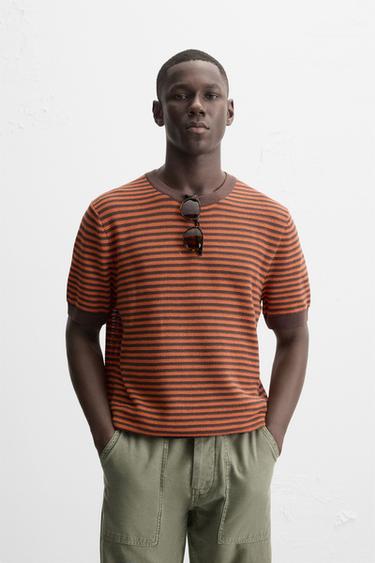 Zara STRIPED OPEN KNIT T-SHIRT - Orange