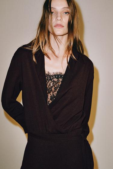VESTIDO CRUZADO LENCERO ZW COLLECTION - Burdeos oscuro de Zara