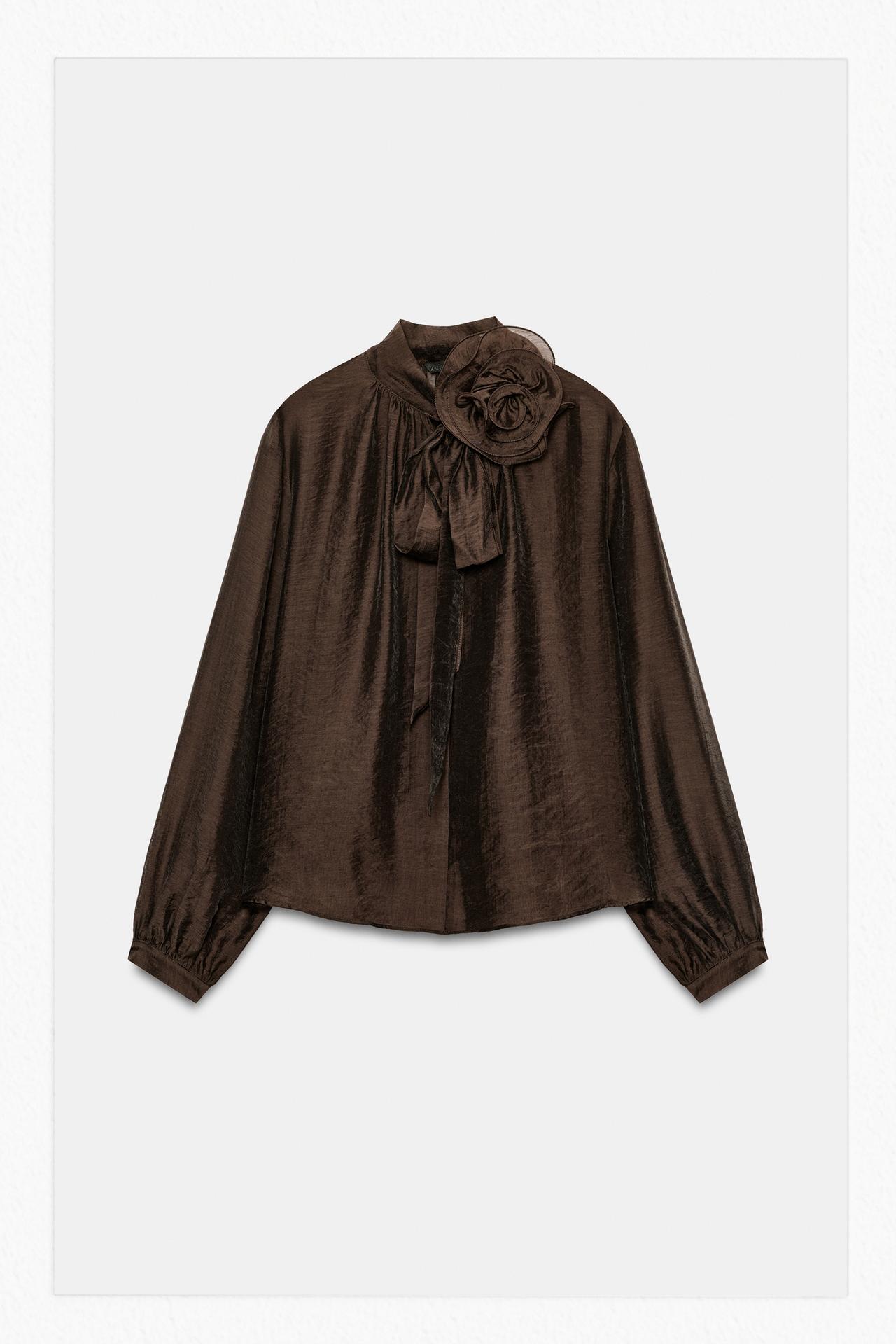 FLORAL TIE BLOUSE — Brown
