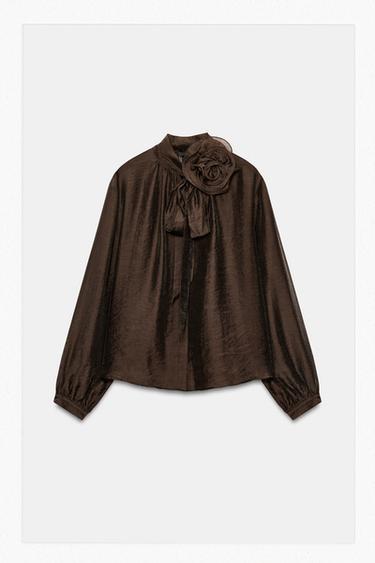 FLORAL TIE BLOUSE — Brown 2