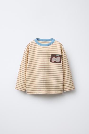 STRIPED T-SHIRT WITH APPLE PATCH - Beige-brown by Zara