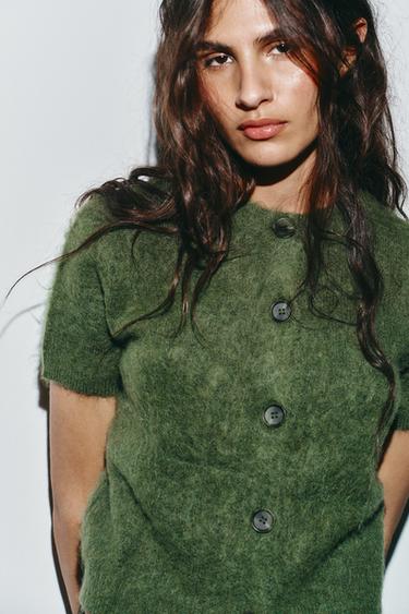 Zara SHORT SLEEVE KNIT CARDIGAN - Bottle green