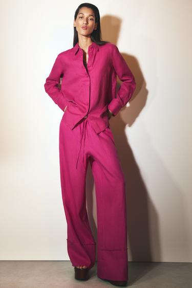PANTALÓN PALAZZO LINO 100% ZW COLLECTION - Fucsia oscuro de Zara