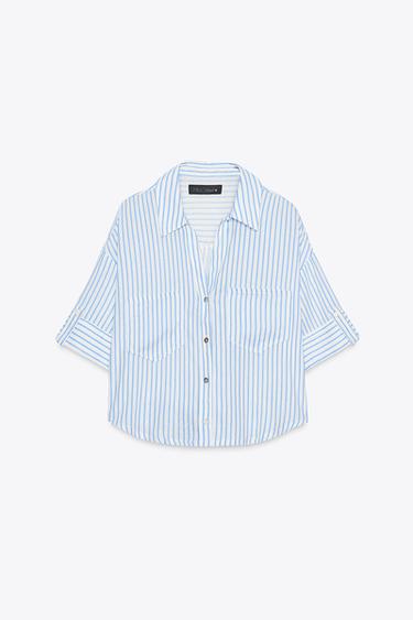 CROPPED LINEN BLEND SHIRT - White / Sky blue by Zara