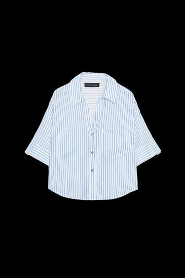 CAMISA CROPPED CON LINO - Blanco / Celeste de Zara - Imagen 0