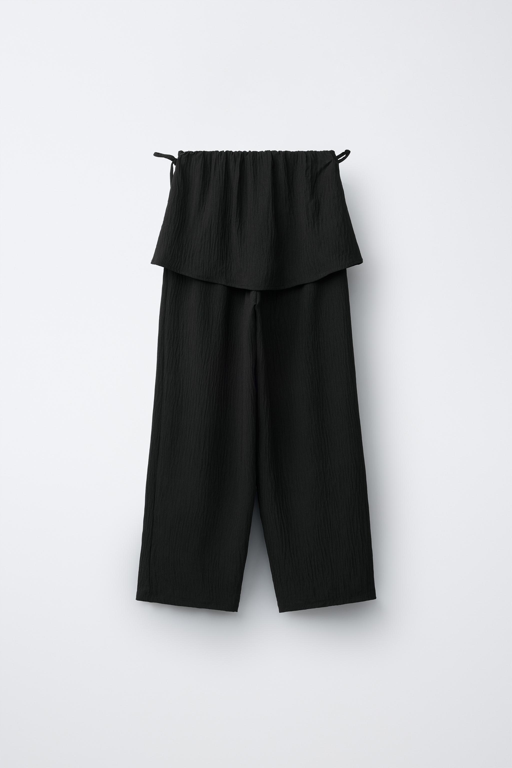 TEXTURED WIDE LEG SKIRT PANTS — Black