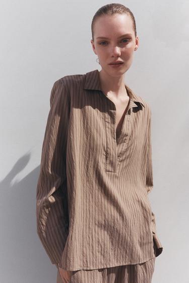 Zara ZW系列不對稱條紋襯衫 - 淺棕色