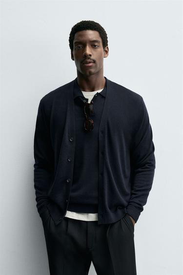 REGULAR FIT 100% WOOL CARDIGAN - Navy blue by Zara