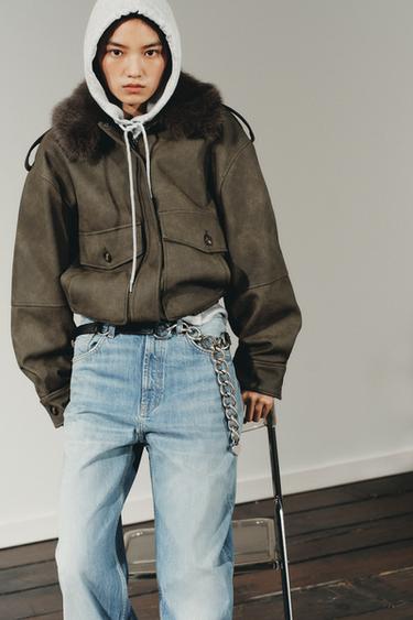 جاكيت جلد سويد اصطناعي بياقة قابلة للفك - كاكي الخاص بـ Zara