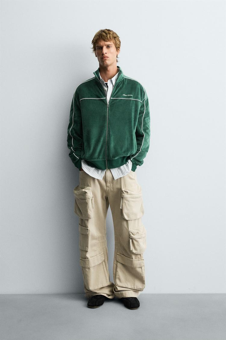 VELOUR ZIP-UP SWEATSHIRT Green ZARA India - Main Image