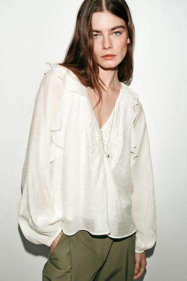 BLOUSE À VOLANTS ET PLIS - Blanc de Zara - Image 3