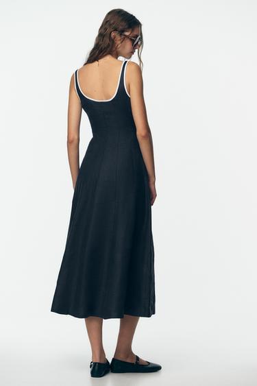 CONTRAST TRIM LINEN MIDI DRESS - Navy blue by Zara - Image 4