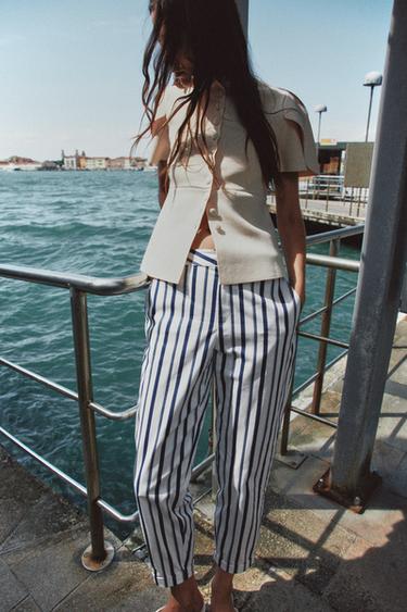 PANTALÓN CHINO RAYAS - Crudo / Marino de Zara
