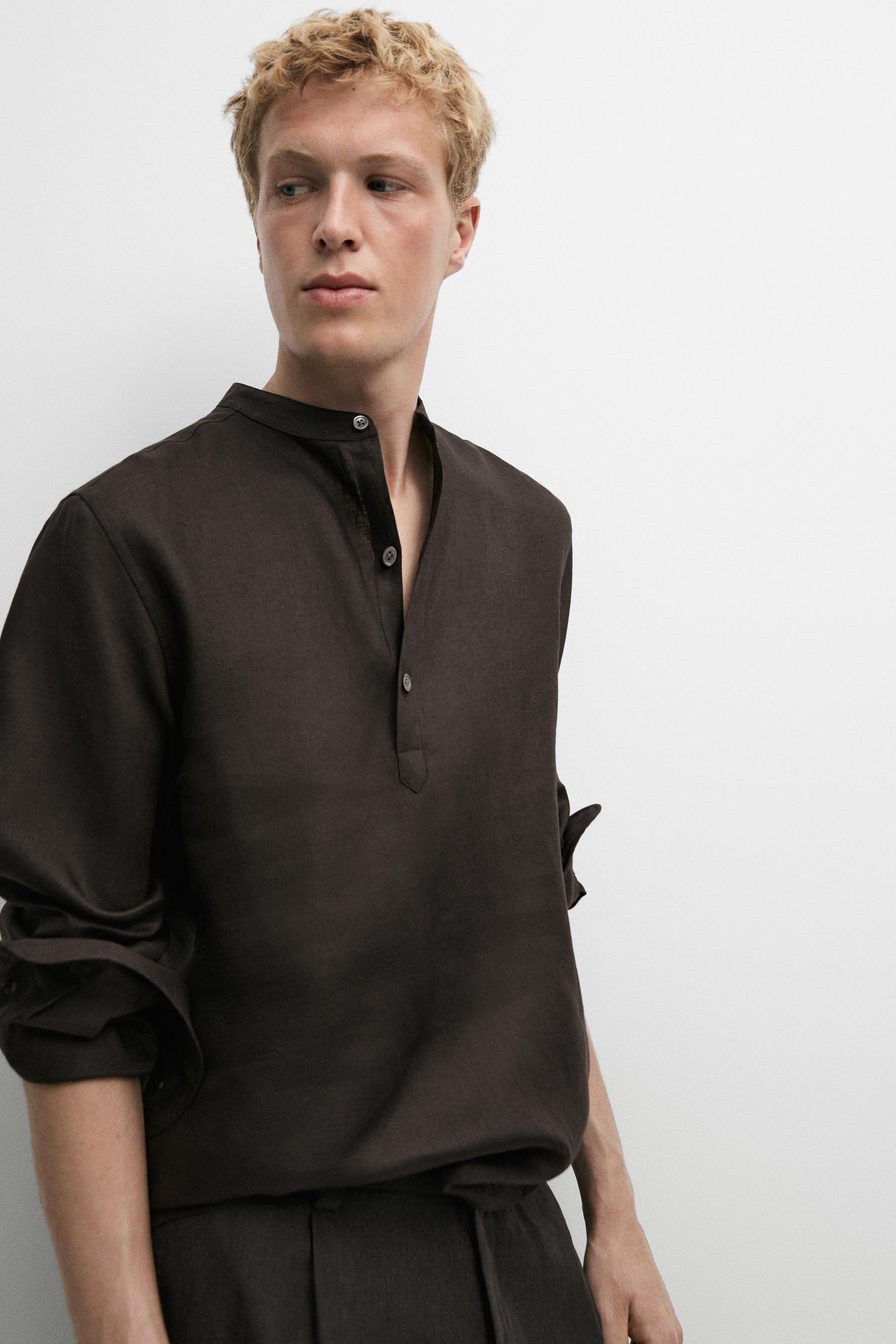 Regular fit stand collar 100% linen shirt
