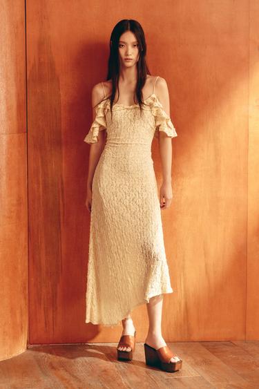 Zara 鉚釘蕾絲洋裝 - 黃色