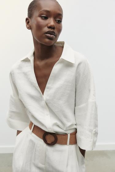SHIRT WITH ROLLED-UP SLEEVES - Oyster-white by Zara - Image 1