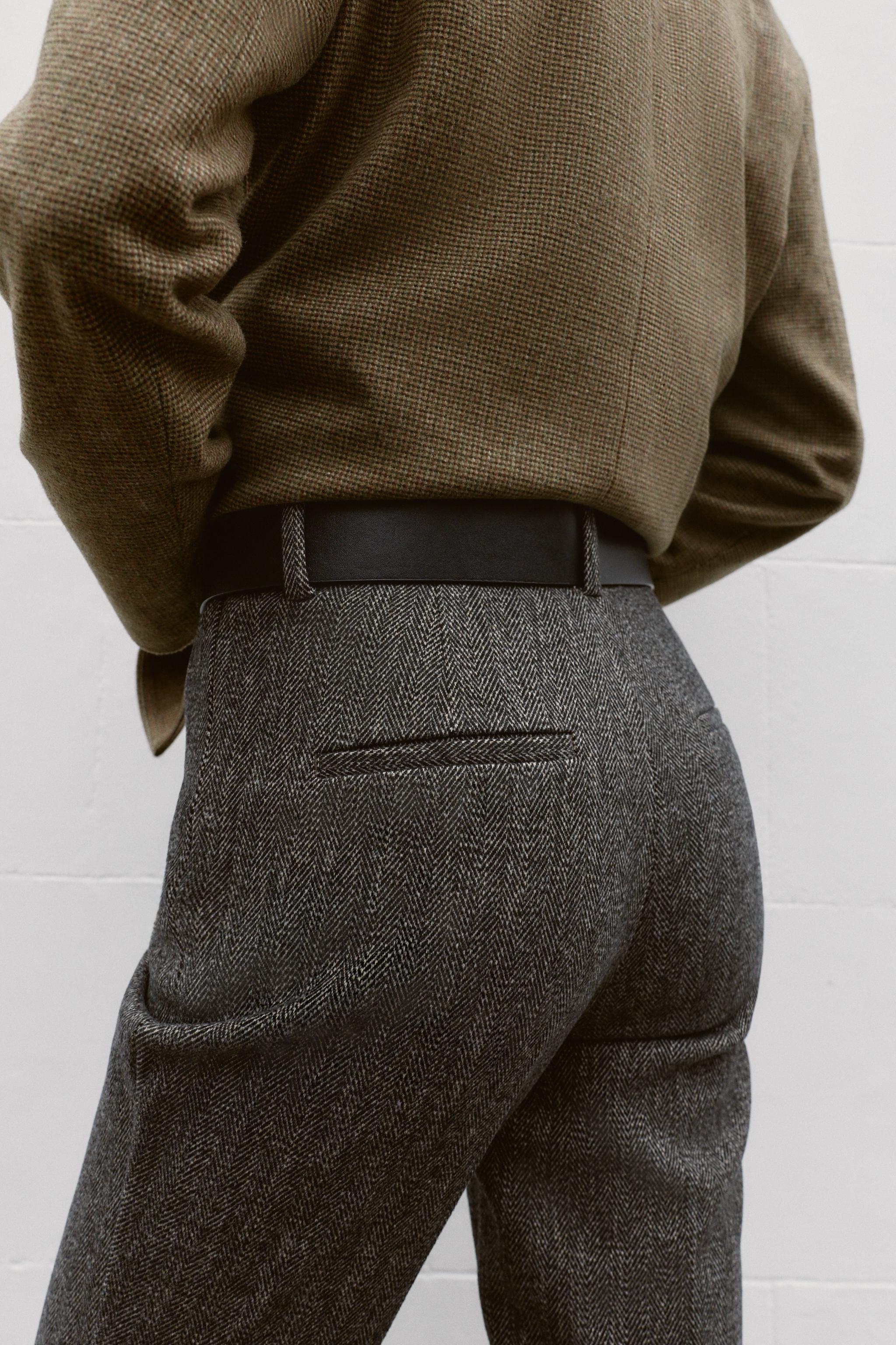 HERRINGBONE BELTED PANTS