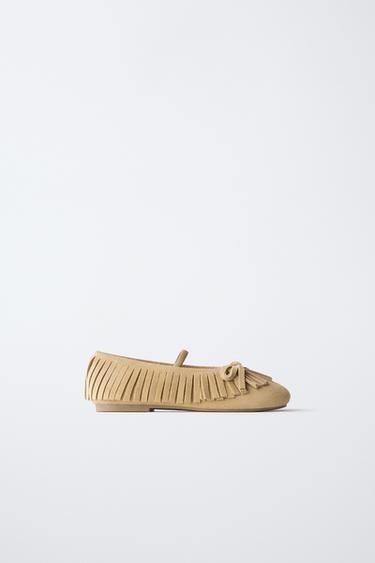 LEATHER FRINGE BALLET FLATS - Sand Brown by Zara