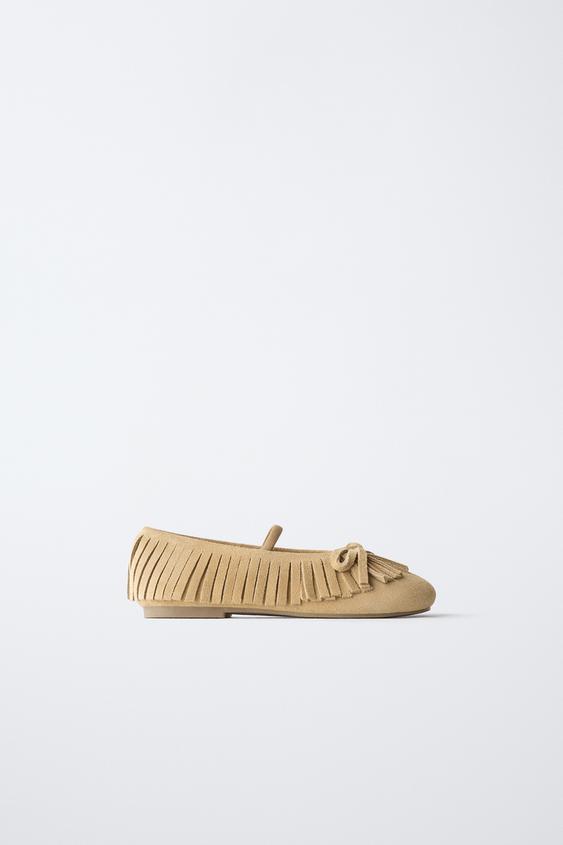 LEATHER FRINGE BALLET FLATS - Sand Brown by Zara - Image 0